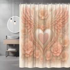 Cute Pink Floral Shower Curtain with Wings and Heart Design