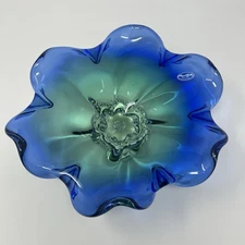 Royal Gallery Art Glass Cobalt Blue Teal Green Pedestal Centerpiece Bowl 10”