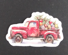 Red Pickup Truck Hauling Tree & Decorations Christmas Sticker 1.25