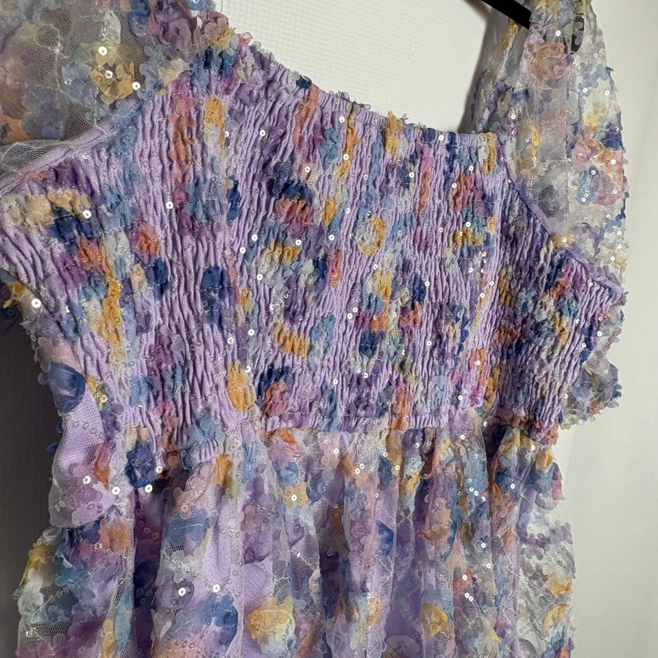 JODIFL 女式薰衣草花卉亮片袖口方领连衣裙 L 码仙女 — 第 4/4 张图片