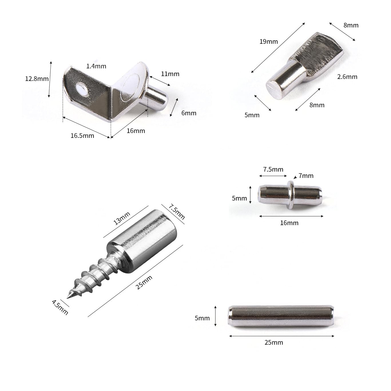binifiMux 125Pcs Shelf Pins 4.5mm x 13mm, 5x16mm, 5x25mm, 6x16mm, 5x19mm 