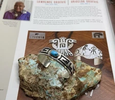 Very Rare Hopi Lawrence Saufkie Handmade Sterling & Gem Turquoise Cuff Bracelet