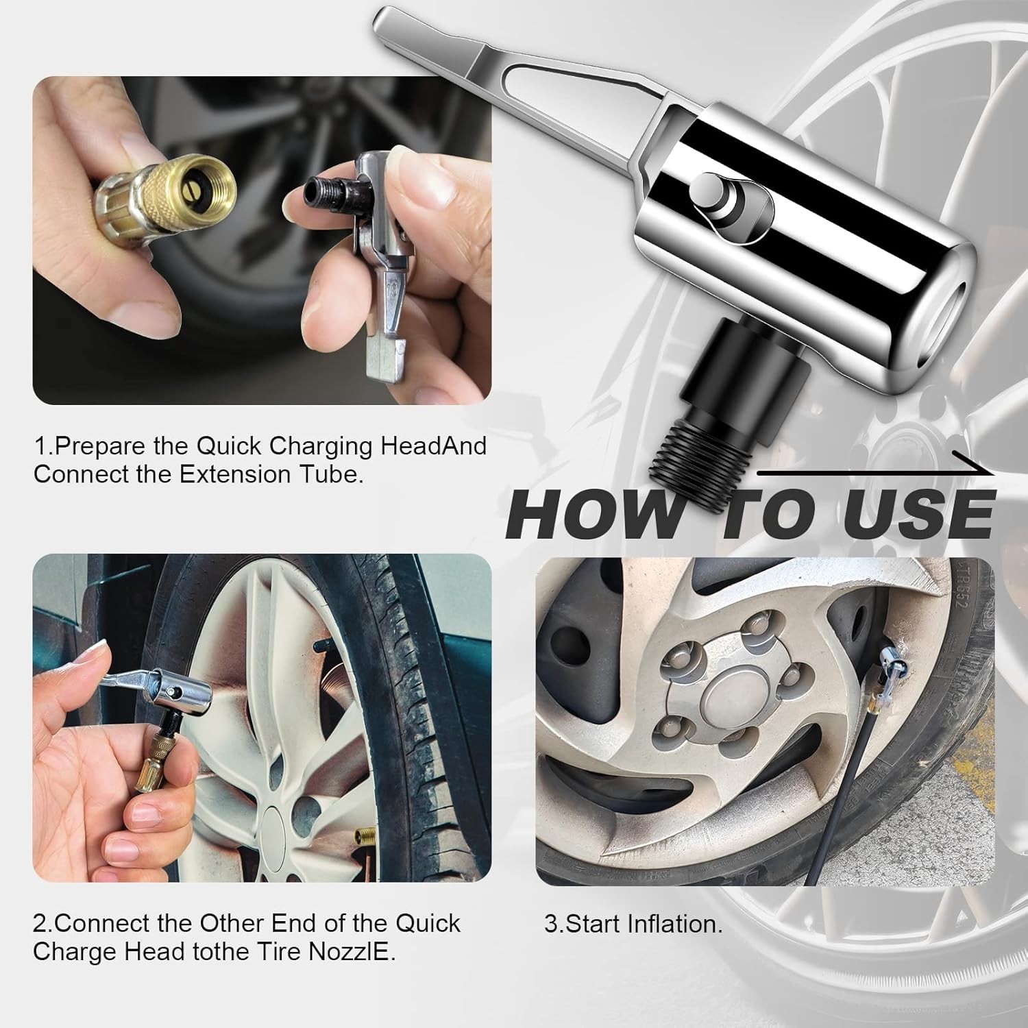 All Metal Lock On Air Chuck Tire Inflator Hose Adapter, Locking Black Thread 