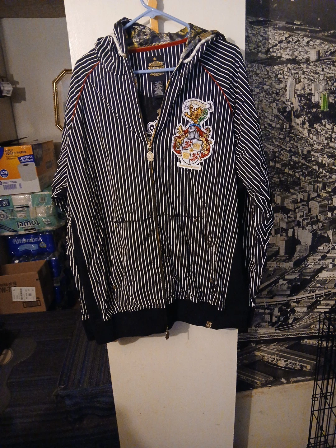 Men's 2XL Hooded Full Zippered Jacket Black / White Stripes