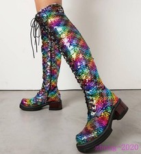 Fashion Women's Sequins Lace Up Zip Over The Knee Boots Casual Stage Club Shoes