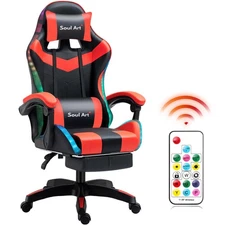 SOULART PVC Office Chair Lumbar Massage, LED Light, 135?? Recline??Red