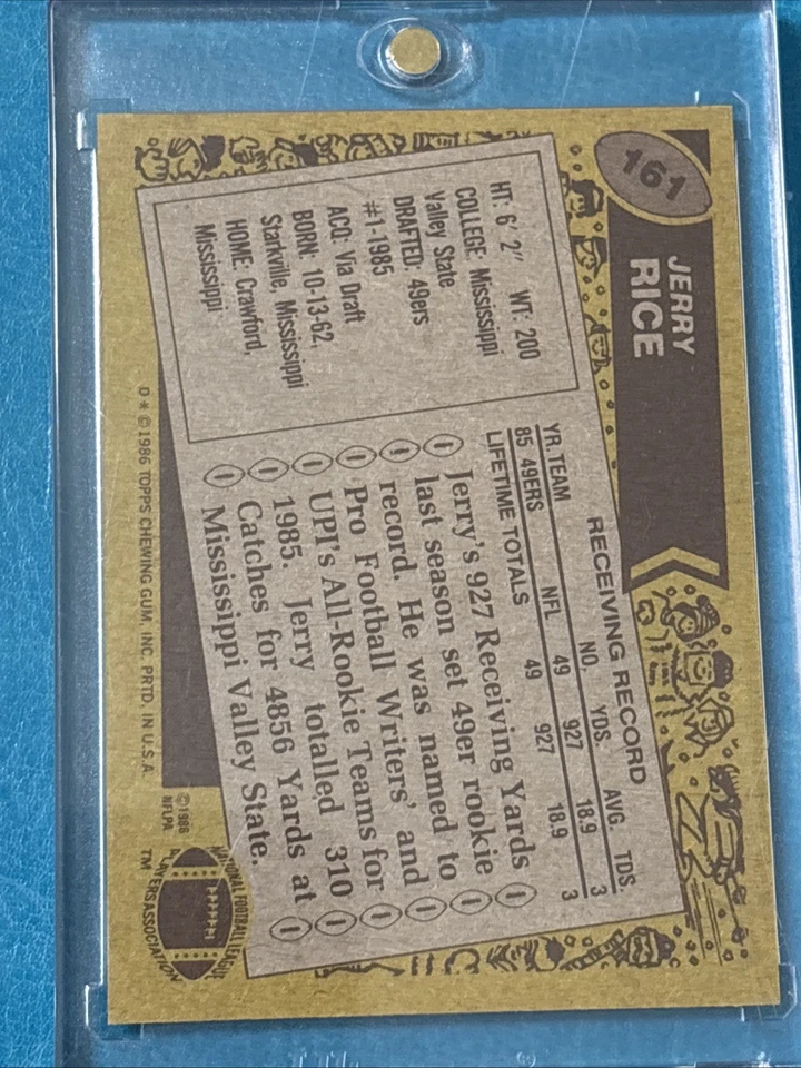 Tarjeta de novato 1986 Topps Football #161 Jerry Rice RC San Francisco 49ers Salón de la fama Foto 2 de 2