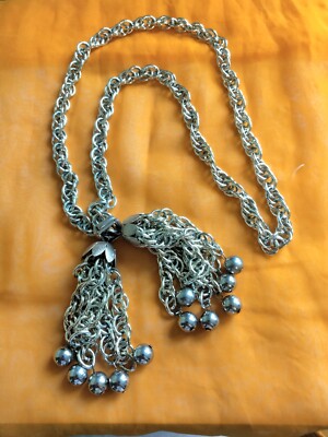 Vintage West German? Eloxal Aluminum Lariat Gold Double Tassel Chain Necklace