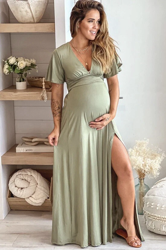 chinese dress ladies Maternity Plunging Neck Long Sleeve Contrast Mesh Formal Dress Green / XL main image 0