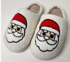 Santa Claus Face Christmas Slippers Cute Comfortable Sherpa Lined Size 8-9 NEW