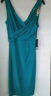 Jennifer Lopez JLo Sea Jade Green Surplice Foil Buckle Dress NWT