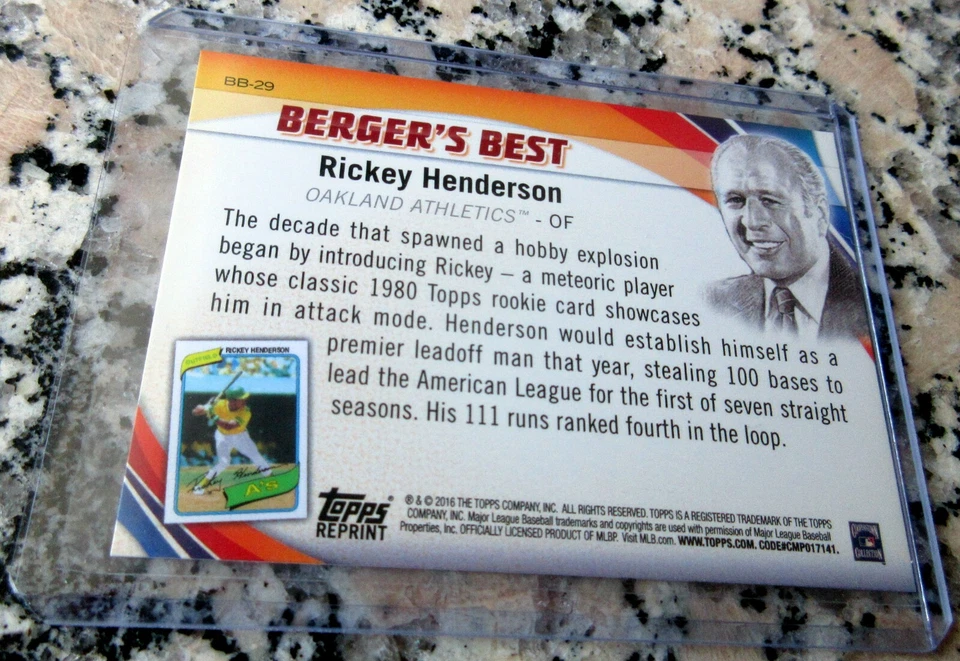 RICKEY HENDERSON 2016 Reprint 1980 Topps Rookie Card RC Oakland A's MVP HOF - Image 2 of 2
