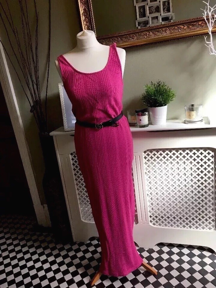 ZARA Fuchsia Long Ribbed Knit Maxi V Back Stretch Dress Medium BNWT