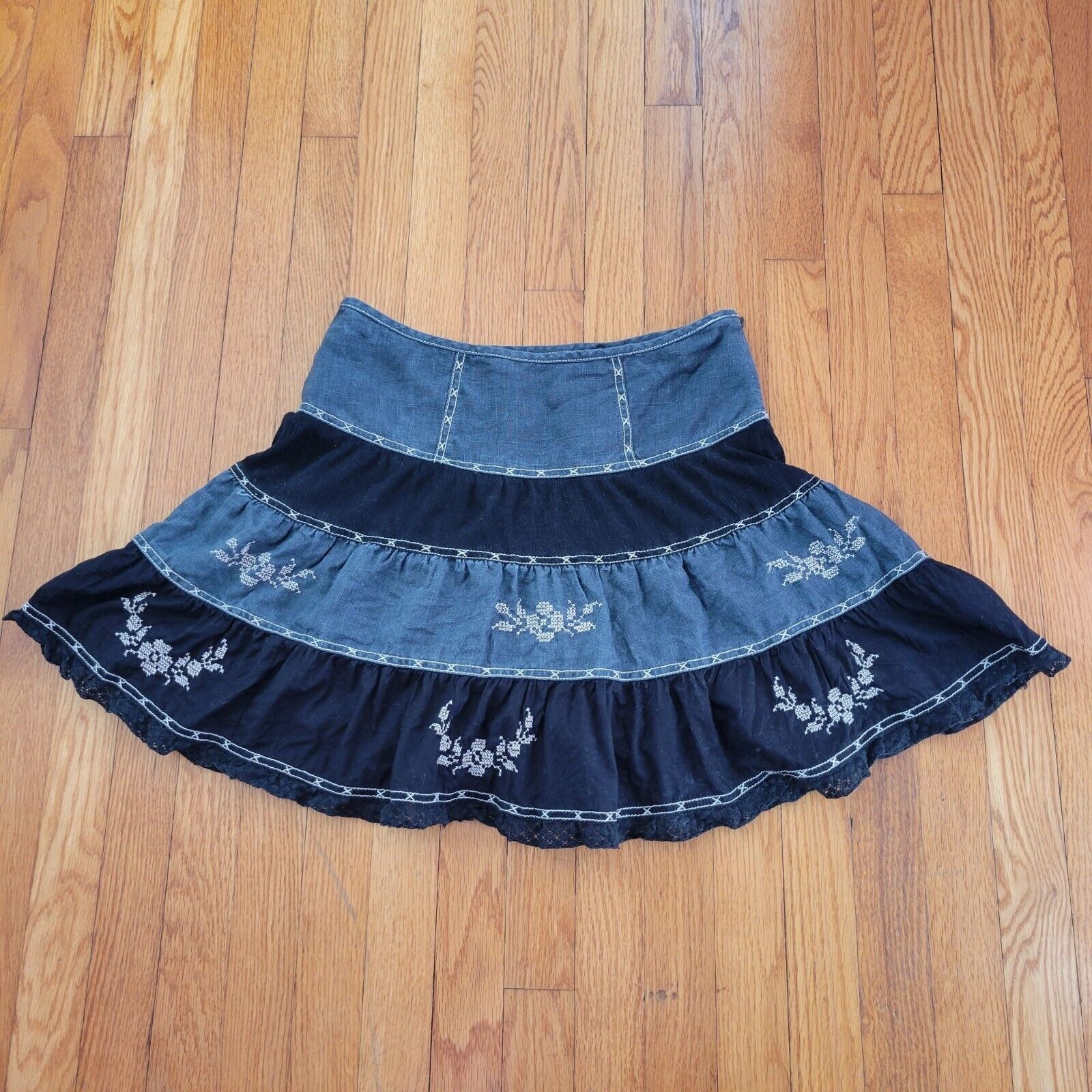 Free People 8 Tiered Flared Boho Skirt Embroidere… - image 5