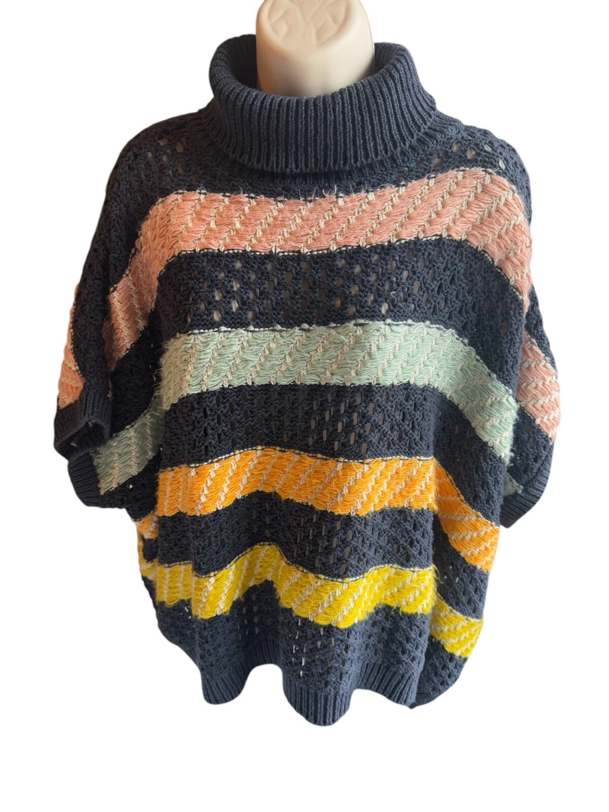 Anthropologie Navy Striped Turtleneck Sweater OS Poncho Crochet Boho Grannycore