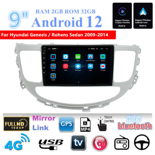 Radio estéreo GPS para 12 autos Android de 9"" para sedán Hyundai Genesis 2009-2014 Carplay - Imagen 1 de 23