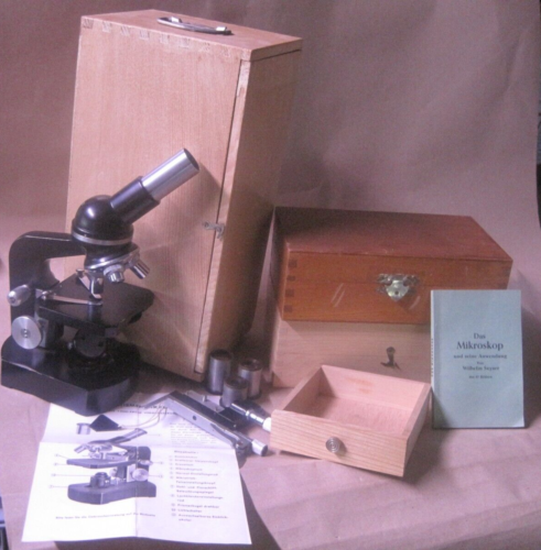 Ancien lot de microscope ENURO pièces de rechange boîte en bois description application entre autres - Photo 1/21