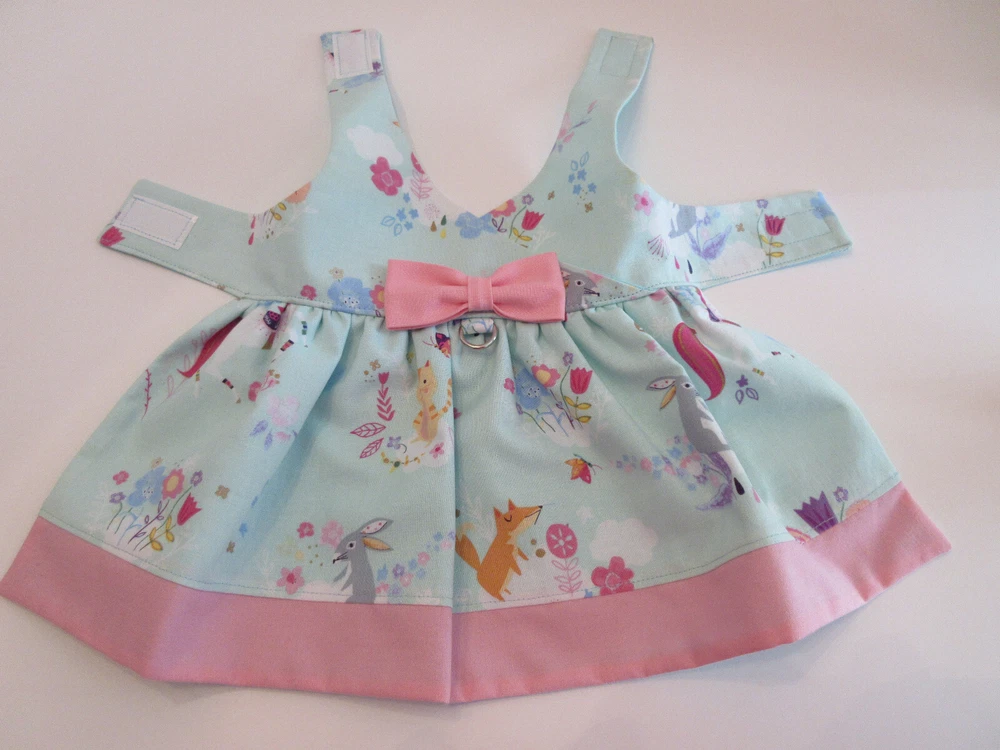 Dog harness dress Easter spring blue pink bunny animals flowers handmade xs