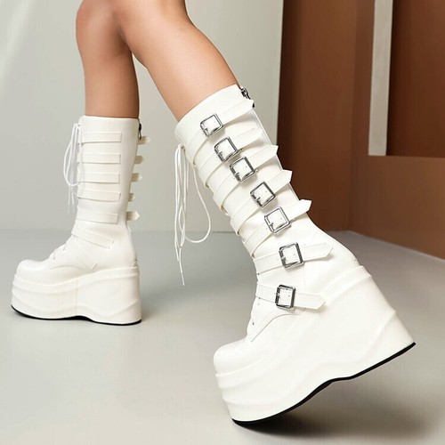 Gothic Womens Platform Punk Buckle Strap Western High Wedge Heels Mid Calf Boots - Picture 5 of 18
