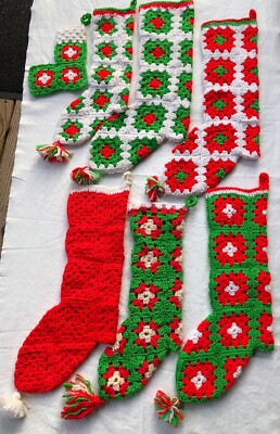 Lot Of 7 Beautiful Vintage Christmas Hand-Made Granny Square Crochet Stocking
