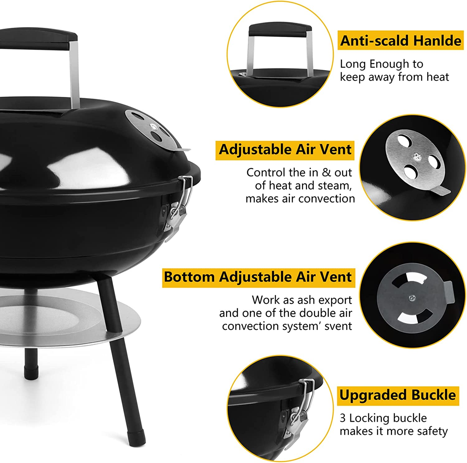 14" Portable Outdoor Charcoal Grill Small BBQ Tabletop Enamel Coated