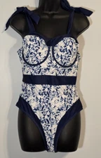 Women's Blue & White Floral Print Bathing Suit Size Large Tie Straps Beach Pool
