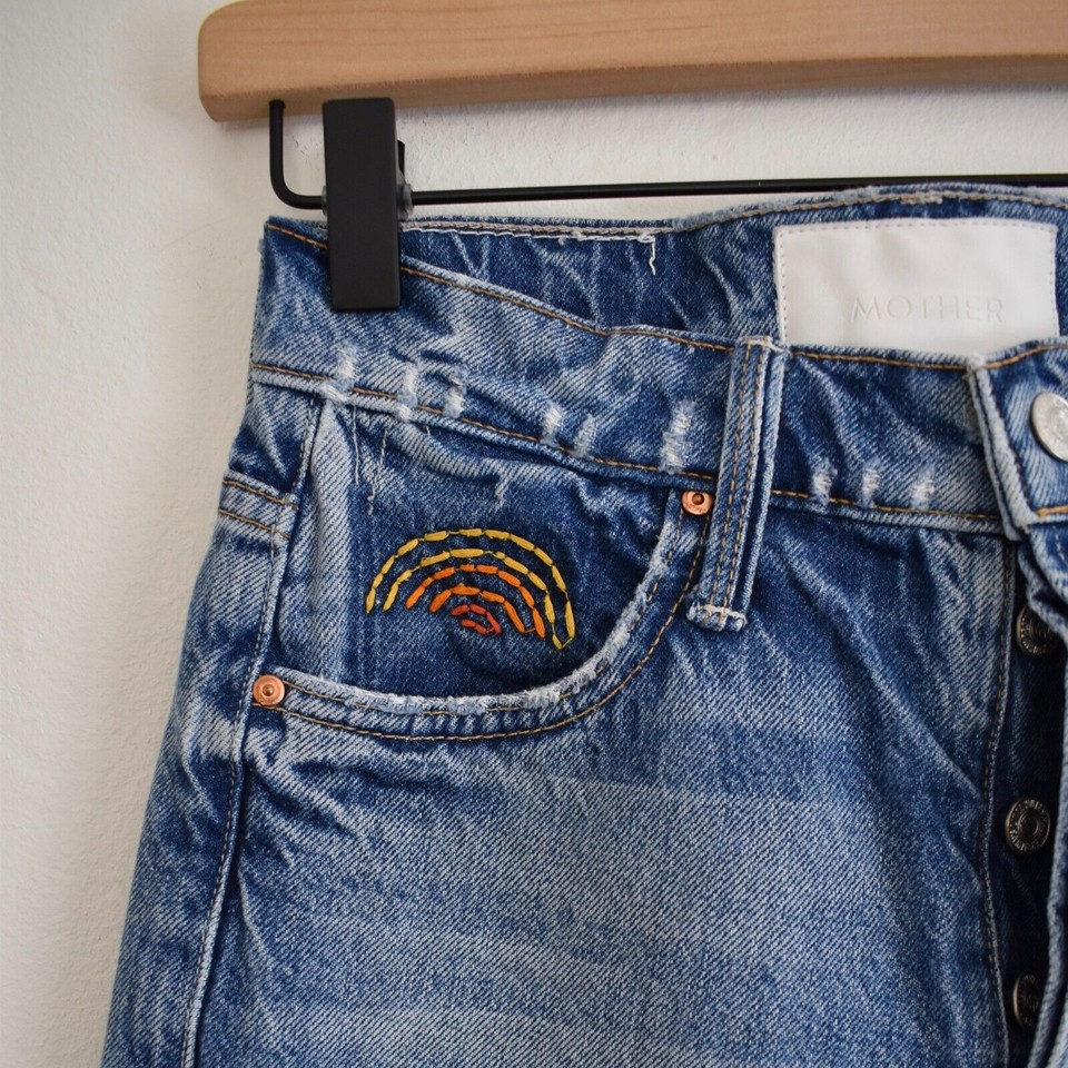 MOTHER Denim Tomcat High Rise Straigtht Leg Ripped Jeans Rainbow Pride