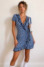 Juicy Couture Vintage Wrap Dress Ruffle Blue Heart Print Sz 0 Y2K Mini Coquette