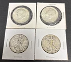 Kennedy & Walking Liberty Half Dollars Lot Of 4 90% Constitutional Silver Coins