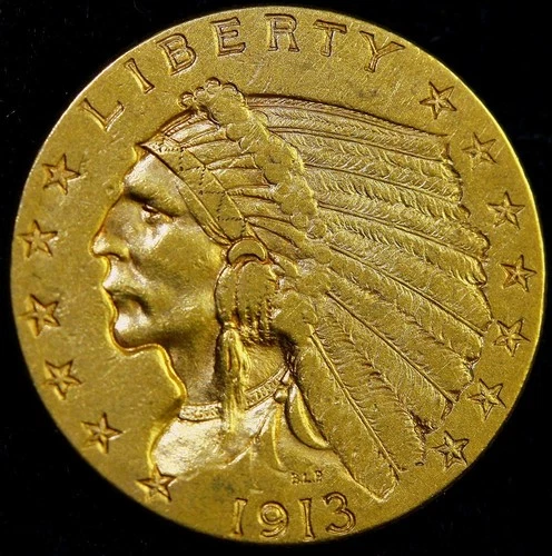 1913 $2.5 Gold Indian Head Quarter Eagle Head  ABOUT UNCIRCULATED