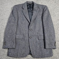 VTG Jos A Bank Harris Tweed Blazer Men 40R Blue Harringbone Vintage Scottish