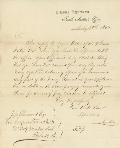 Jesse Sherwood – 1864 U.S. Navy Surgeons Steward Pay Claim Letter