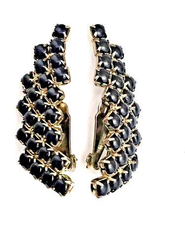 Vintage Art Deco Black & Silver Long  Earrings  Costume Jewelry  1960's   1 3/4"