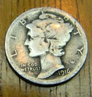 1916 Mercury  Dime- 90 % silver Very Good - (730)