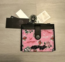 Ed Hardy Black  Pink Faux Leather Card Wallet Sparrow Skull Snake Print NWT Y2K