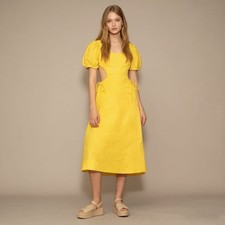 NWOT Farm Rio Linen Beads Puff-Sleeve Cutout Midi Dress Yellow Size M