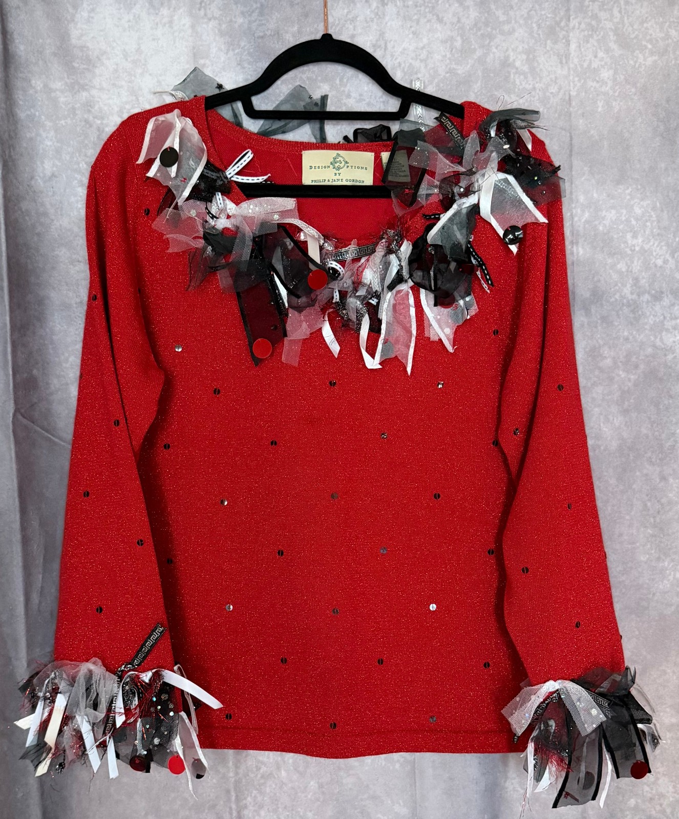 Design Options Philip & Jane Gordon Red Sequin Ribbon Trim Sweater L