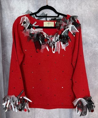 Design Options Philip & Jane Gordon Red Sequin Ribbon Trim Sweater L