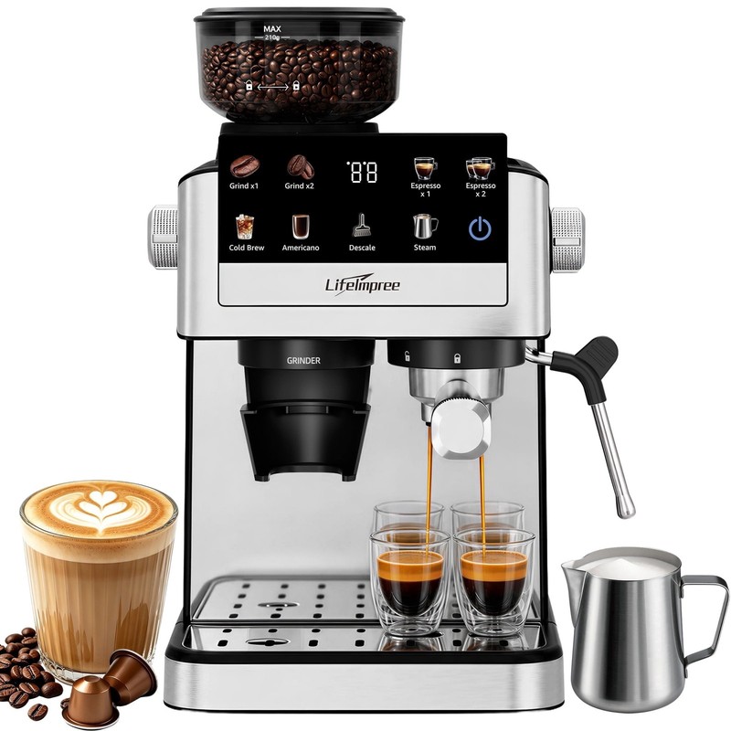 LifeImpree Espresso Machine with Grinder, 20 Bar Pressure, 1550W Fast Heating,