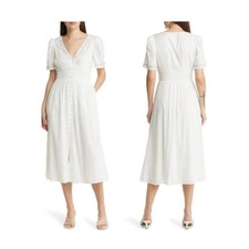 Reformation Midi Dress V Neck Full Button Embroidered Floral White Blue 4 NWOT