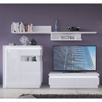 Wohnzimmer Set Anbauwand Lowboard Highboard Wandboard Weiß Hochglanz Beleuchtung
