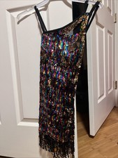 Curtain Call Rainbow Gold Sequin, Jazz Costume Child Large with Hairpiece