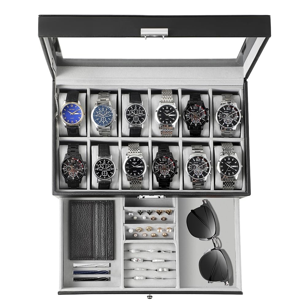 12-Slot Leather Watch Box with Glass Top Display & Jewelry Drawer-image