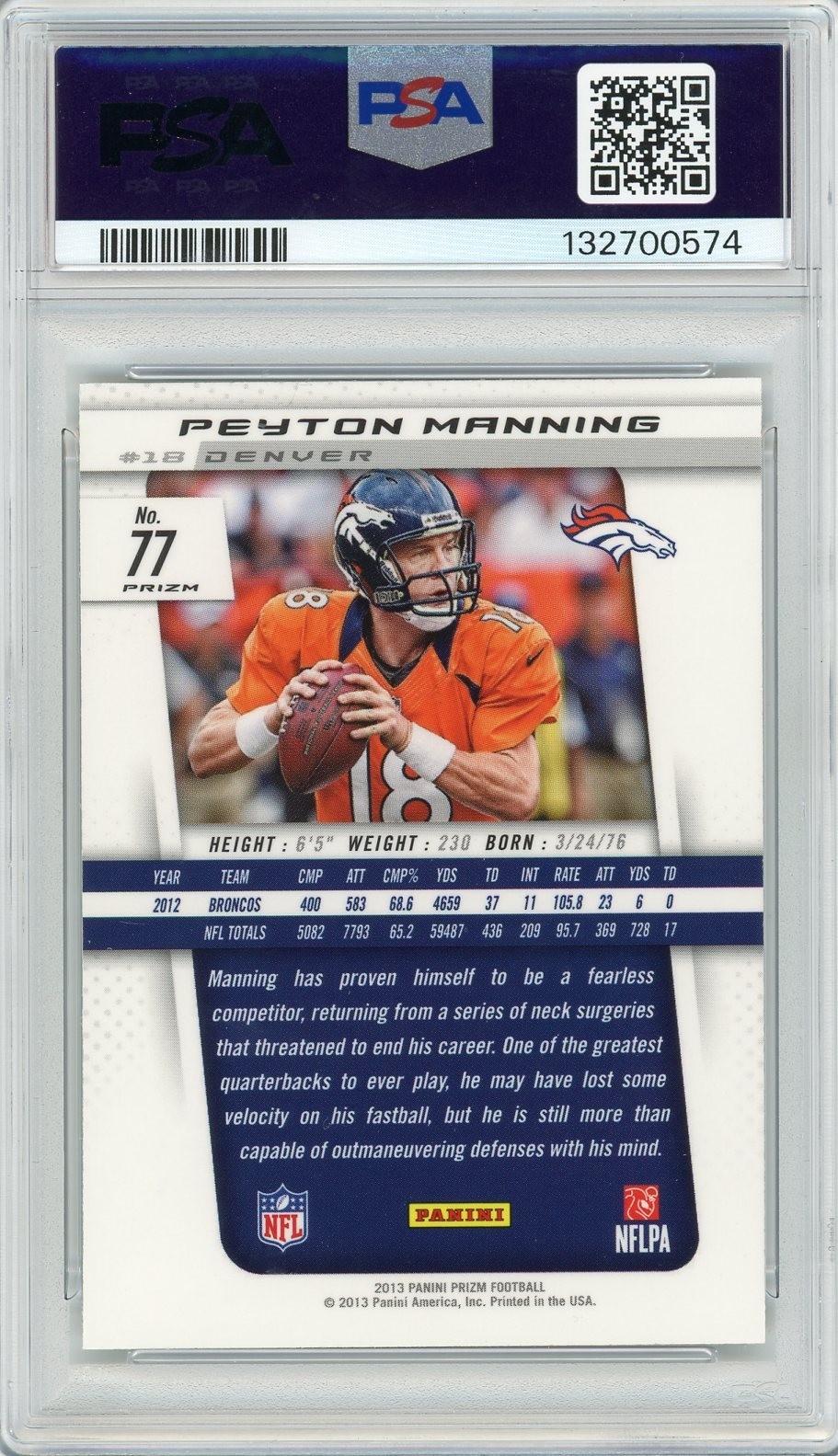 Peyton Manning - 2013 Panini Prizm Camo Prizm  SSP #77 PSA 10 GEM Broncos view 2