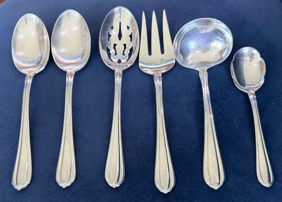 Gorham Melon Bud Glossy 6 Piece Serving Set Spoons, Meat Fork, Ladle & Sugar