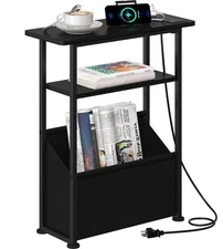 Narrow Side Table for Small Spaces, Skinny Charging End Table with Storage Ba...