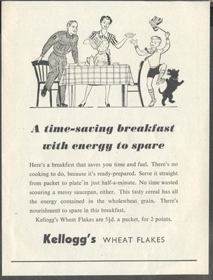 1940er Vintage Werbung für KELLOGG'S Weizenflocken - ''ein zeitsparendes Frühstück''