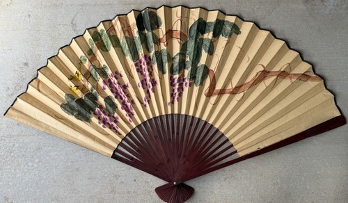 Vintage Large Folding Fan Asian Decorative Wall Hanging Hand Painted Wood 58”