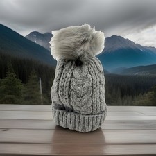 Cable Knit Beanie Winter Hat Time And Tru Faux Fur Pom Gray One Size New
