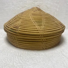 Vintage Woven Coiled Straw Beehive Shape Basket Bowl Lid Boho Decor Handmade